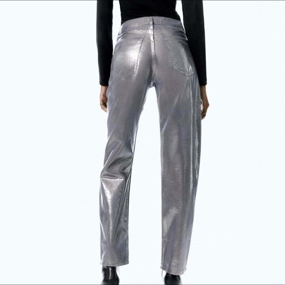 NWT Zara Silver Metallic wide leg Jeans size 0 - Picture 3 of 8